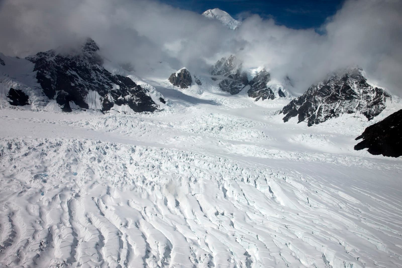 Aerial view of Ruth Gorge glacier below Denali